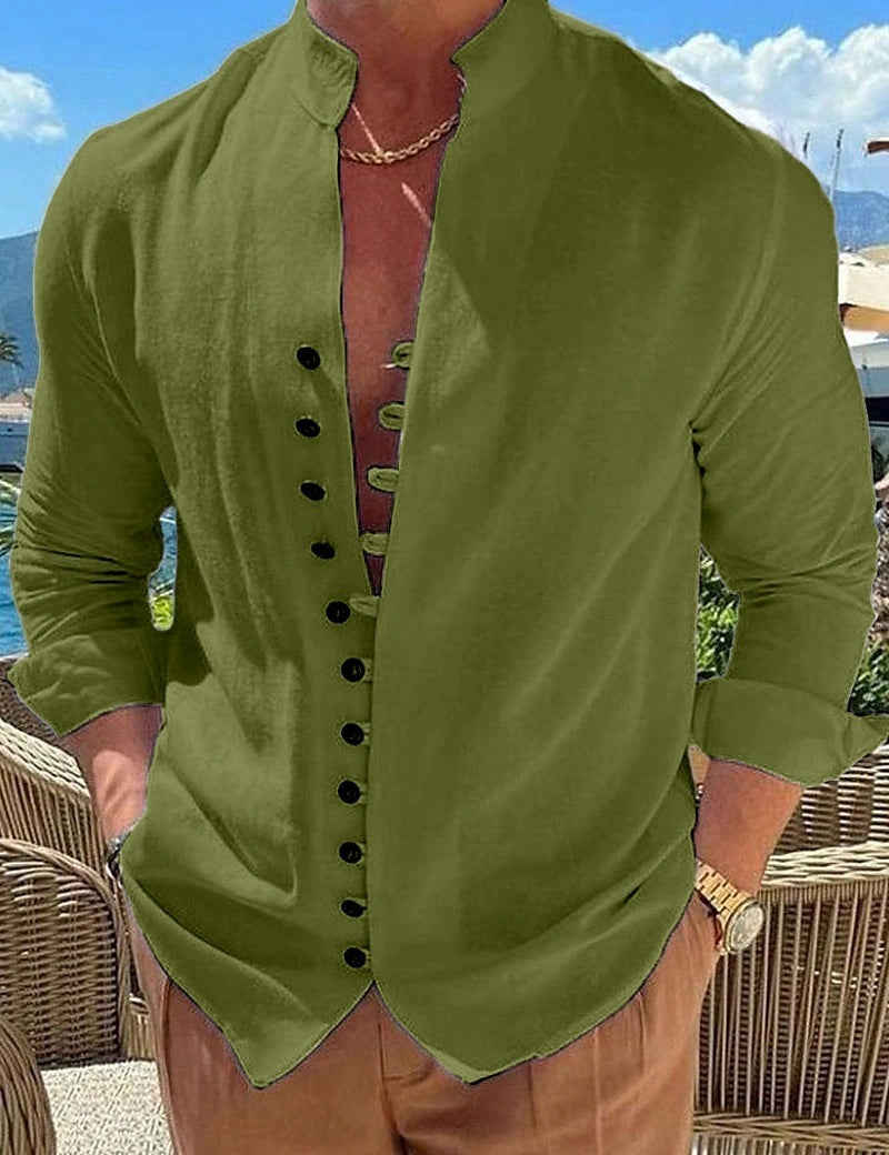 Retro Button Design Long-sleeved Shirt Men's Casual Loose Top