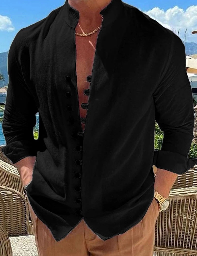 Retro Button Design Long-sleeved Shirt Men's Casual Loose Top