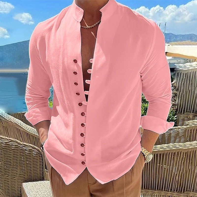 Retro Button Design Long-sleeved Shirt Men's Casual Loose Top