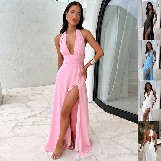 Sizzling Summer Dress, Elevate your style with our:
- Backless, strappy design
- Sexy halterneck and V-neck
- Chic slit detail