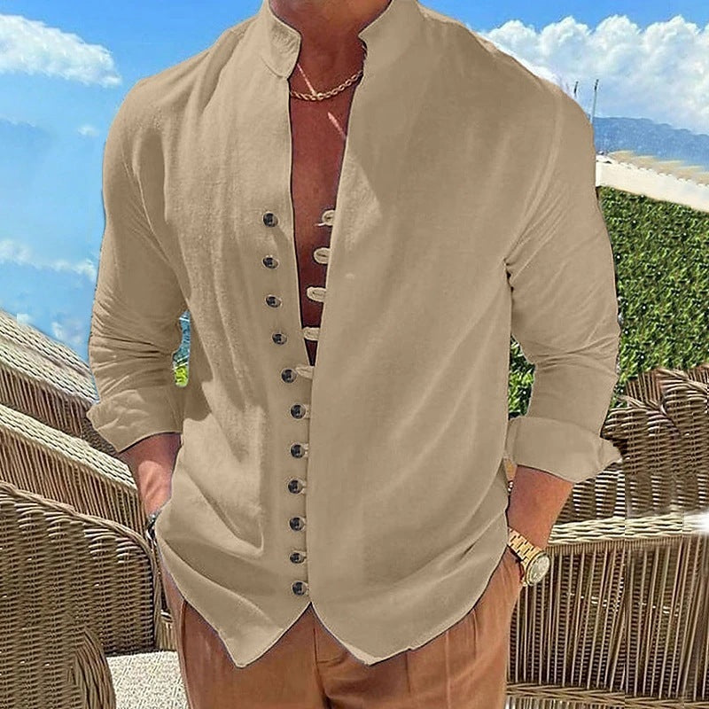 Retro Button Design Long-sleeved Shirt Men's Casual Loose Top