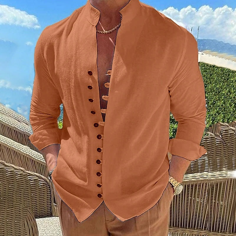 Retro Button Design Long-sleeved Shirt Men's Casual Loose Top